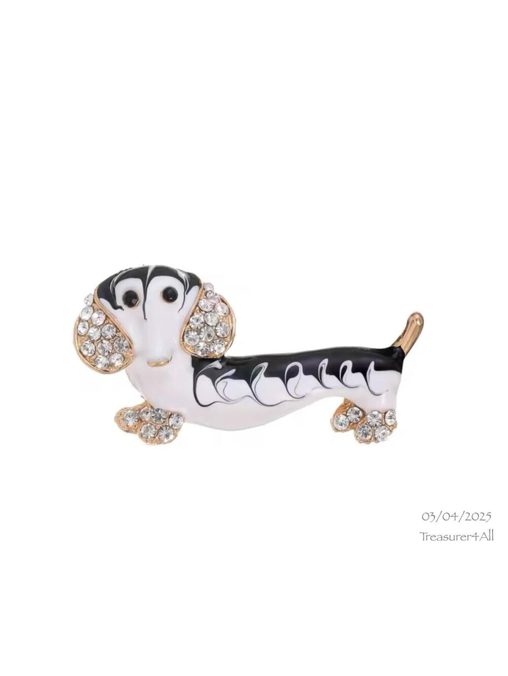 Dachshund Dog Brooch Pin Black White Rhinestone Gold Tone Costume Jewelry